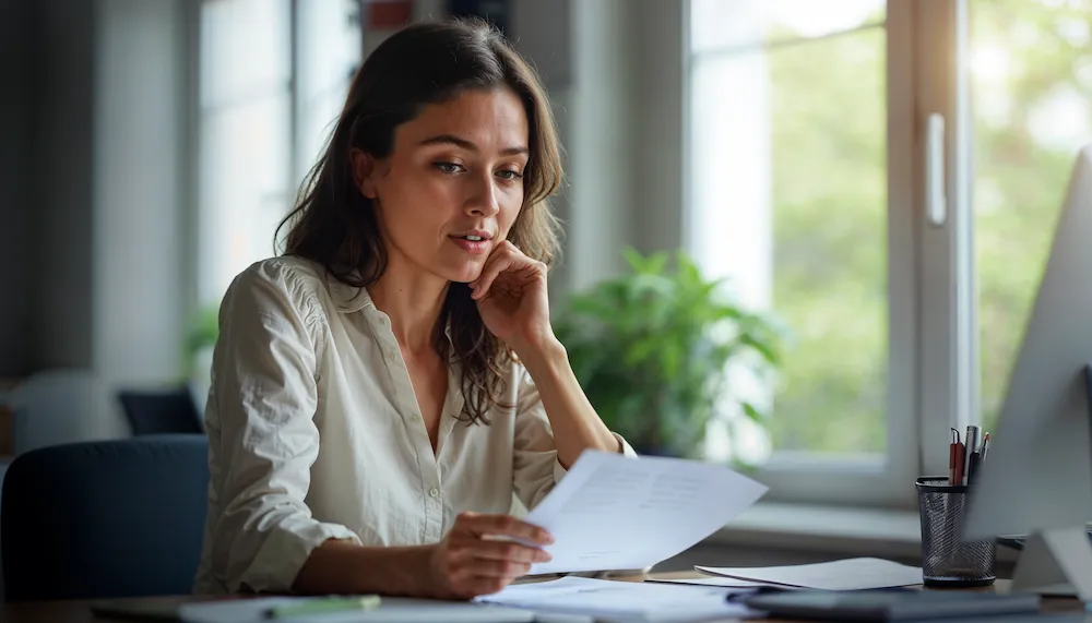 Femme qui lit un document devant son ordinateur afin de comparer les mutuelles qui remboursent la sophrologie