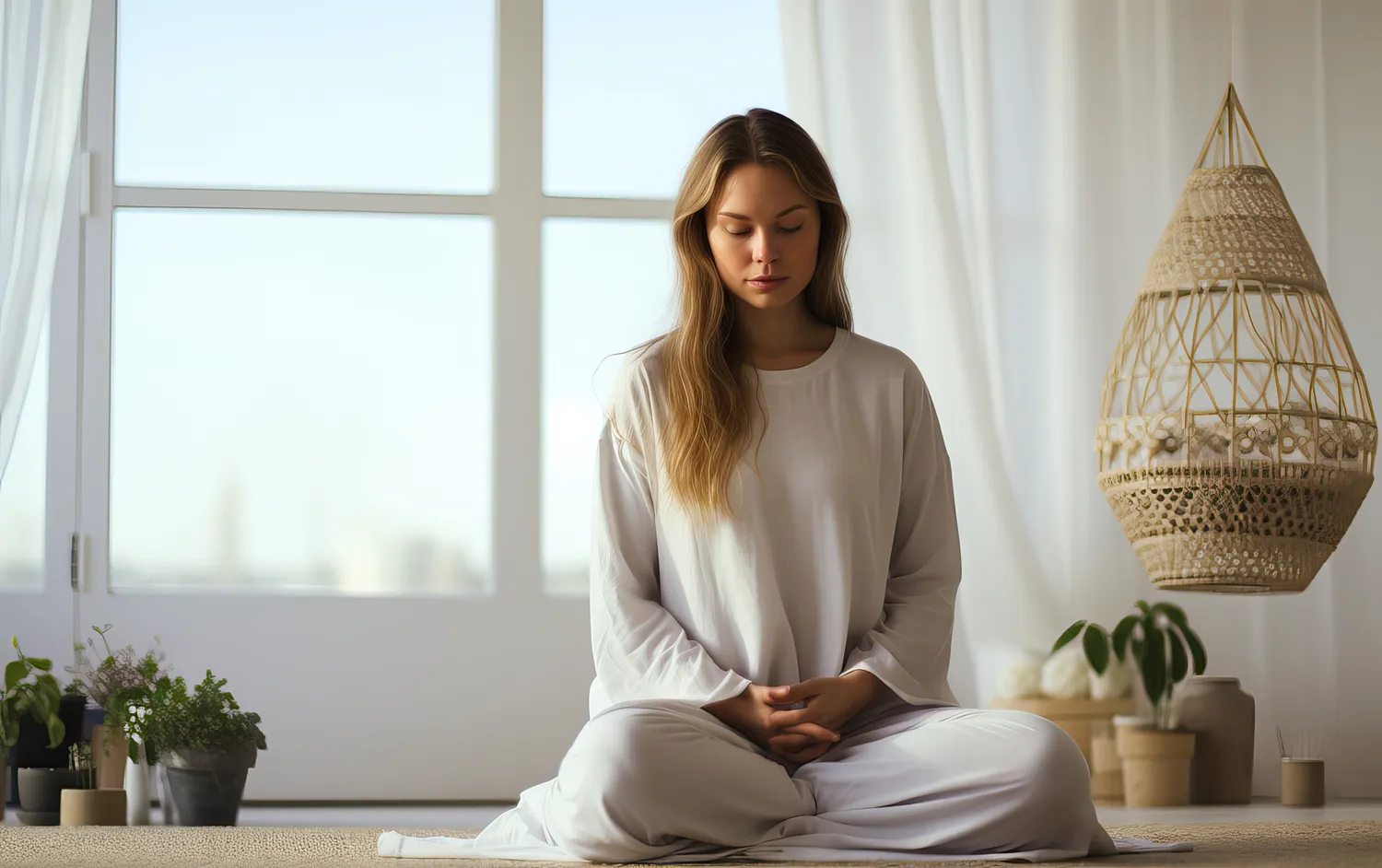 Femme assise au sol qui pratique la respiration abdominale