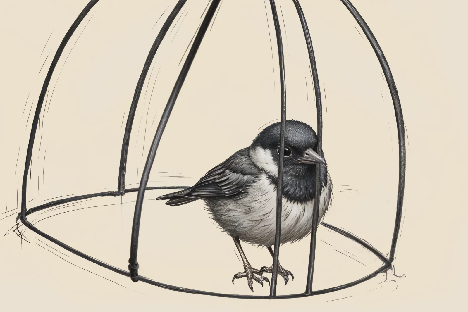 Illustration minimaliste d'un petit oiseau noir et blanc dans une cage ouverte, symbolisant les blocages mentaux et les limites invisibles.